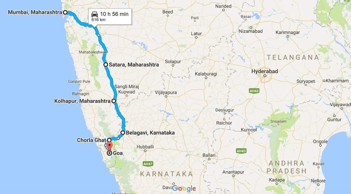 Mumbai para goa estrada mapa